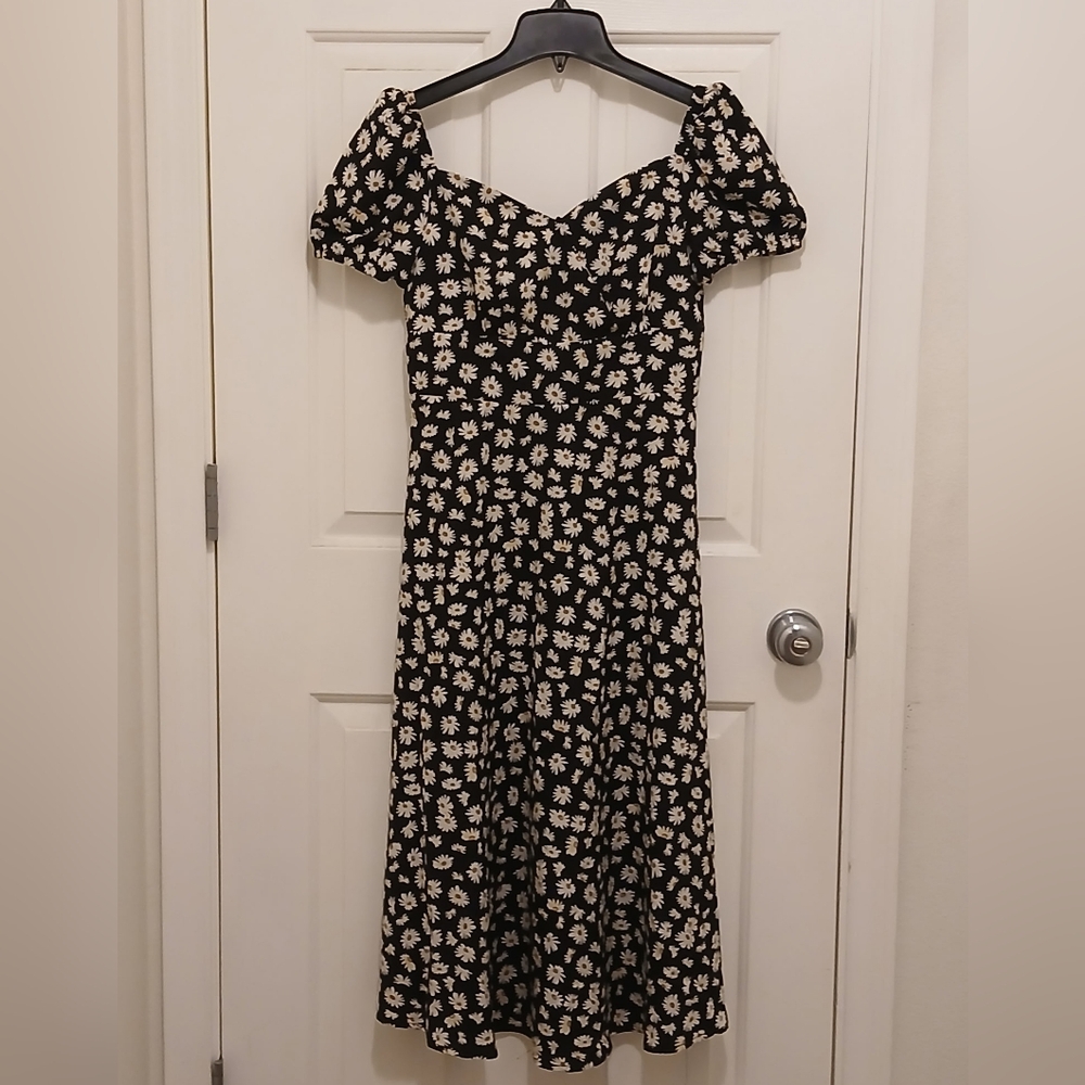 SHEIN Black and Cream Floral Midi Dress